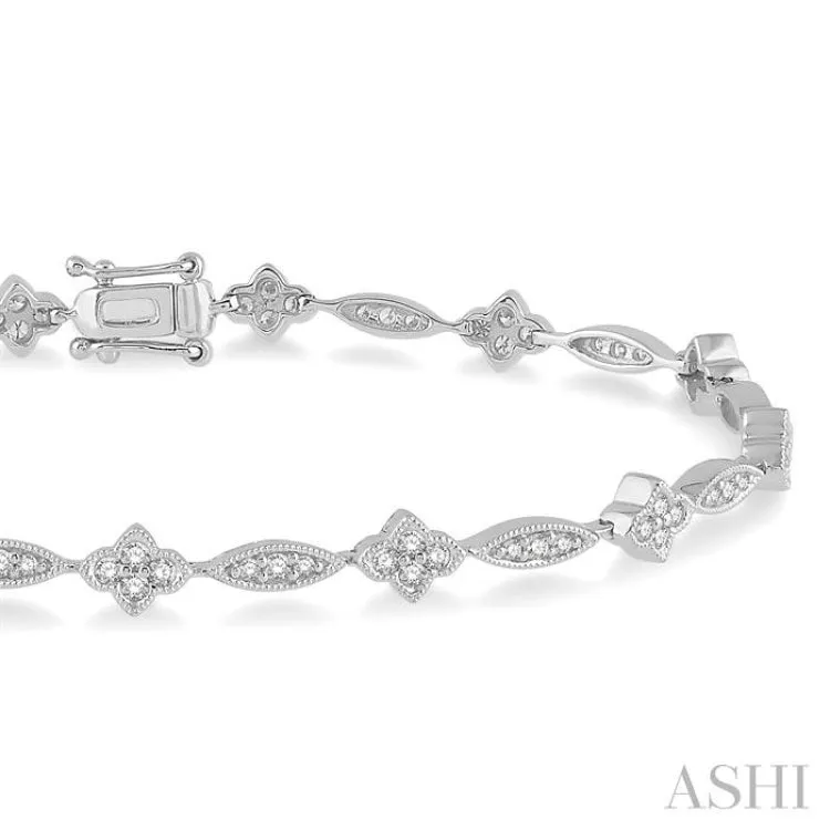 1 1/10 ctw Marquise and Floral Link Diamond Bracelet in 14K White Gold