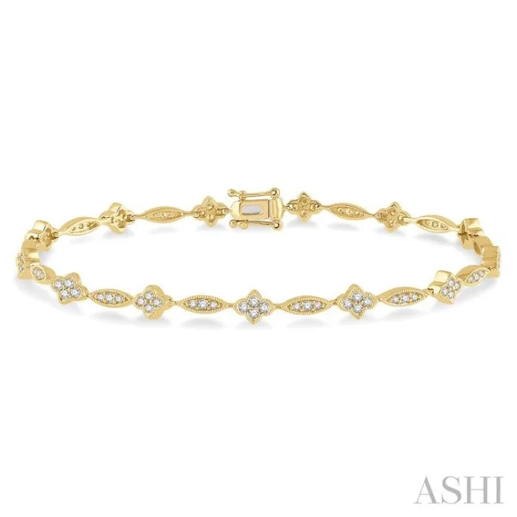 1 1/10 ctw Marquise and Floral Link Diamond Bracelet in 14K Yellow Gold