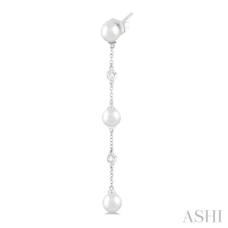 1/10 ctw Cultured Pearls 5 MM  and Round Cut Diamond Station Long Earring in 14K White Gold