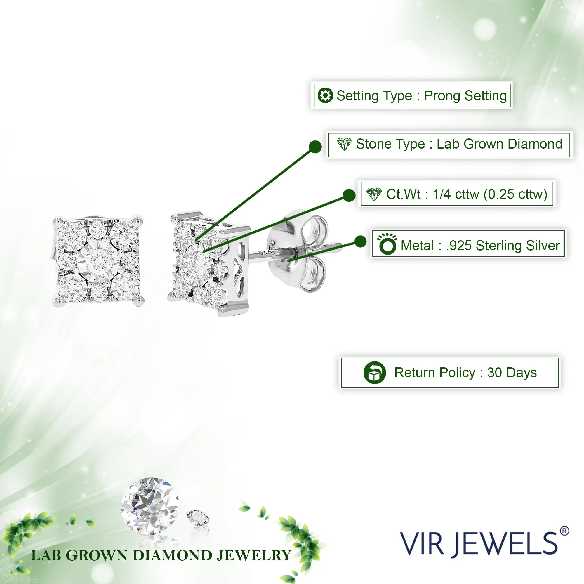 1/4 cttw Composite Diamond Square Stud Earrings in Sterling Silver