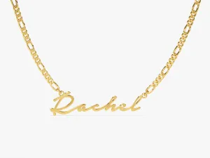 14k Solid Gold Figaro Chain Cursive Font Name Necklace