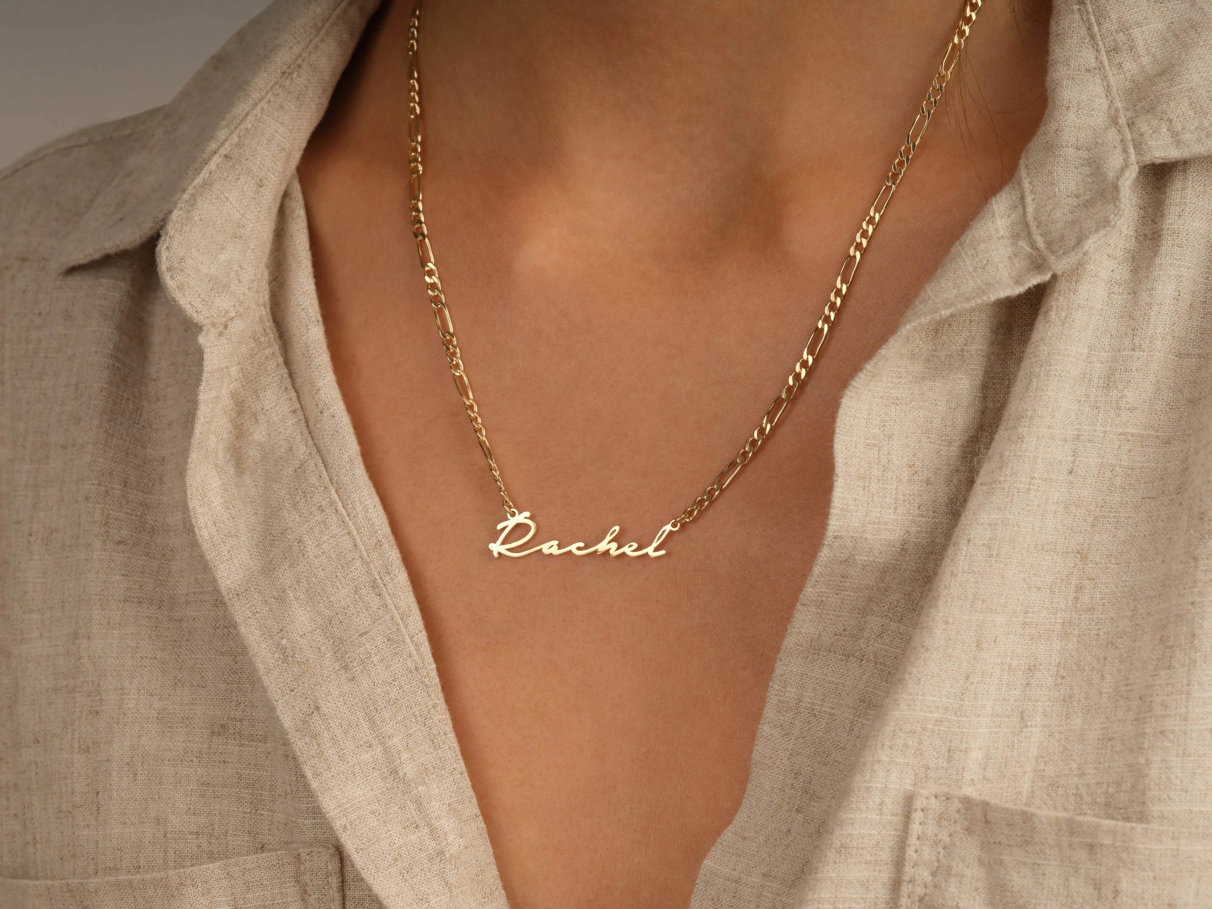 14k Solid Gold Figaro Chain Cursive Font Name Necklace