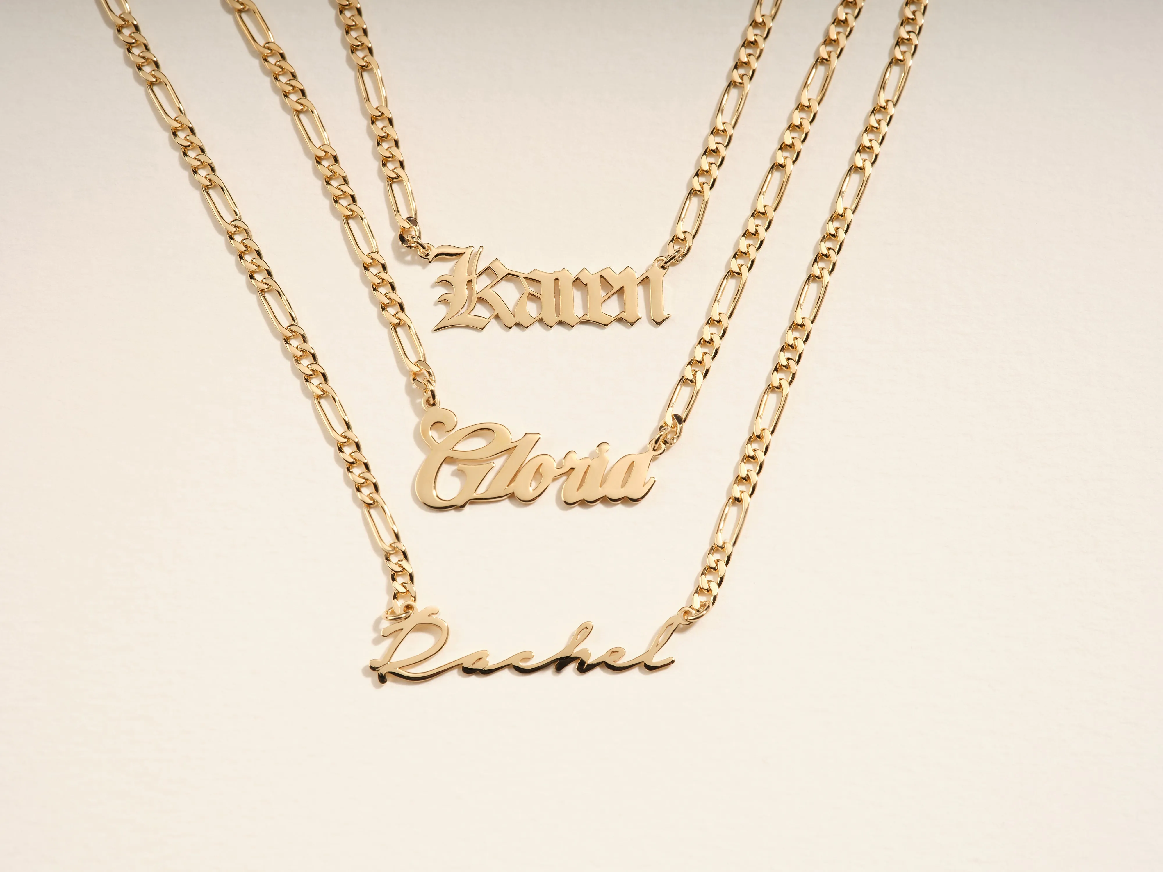 14k Solid Gold Figaro Chain Cursive Font Name Necklace