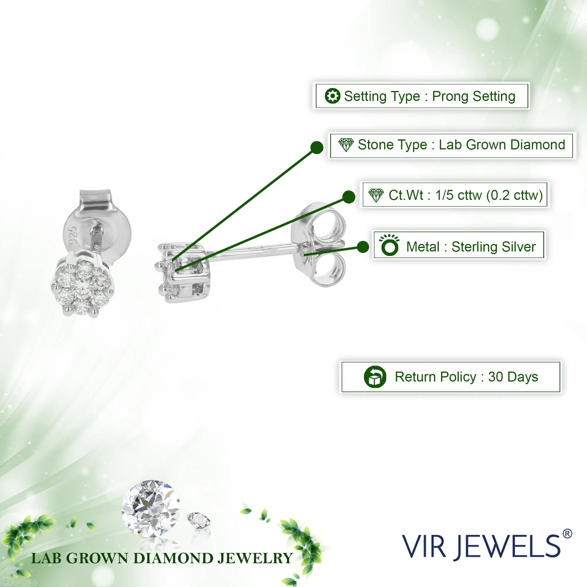 1/5 cttw Lab Grown Diamond Stud Earrings in .925 Sterling Silver