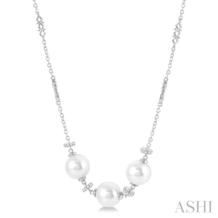 1/5 Ctw 8x8MM Triple Cultured Pearls and Round Cut Diamond Circular Mount Necklace in 14K White Gold