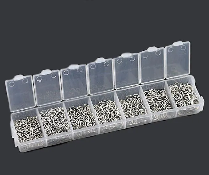 1500 Jump Rings Antique Silver Tone Assorted Sizes in Handy Storage Box - JBOX3