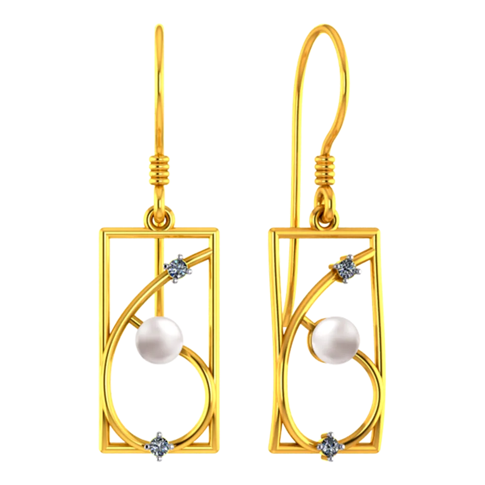 18k Rectangular Diamond Earrings With Unique Design And A Pearl