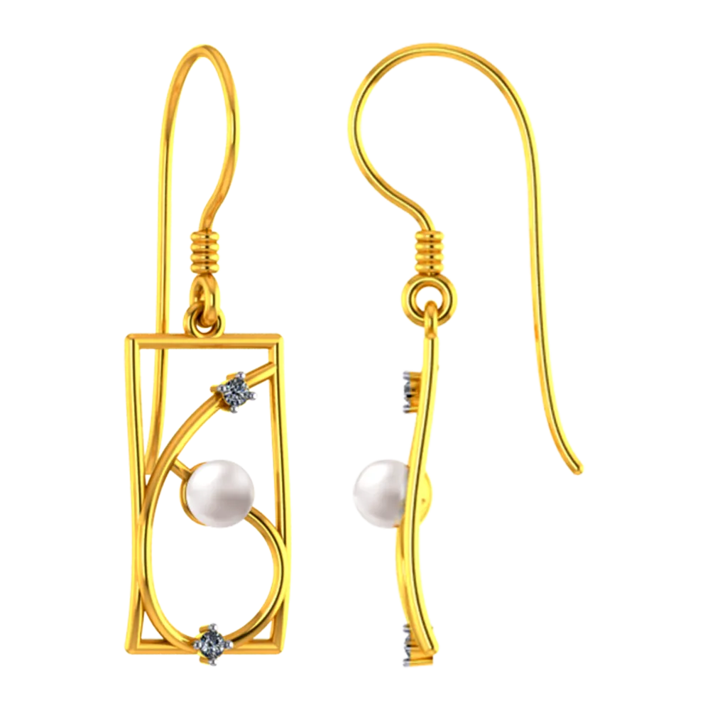 18k Rectangular Diamond Earrings With Unique Design And A Pearl