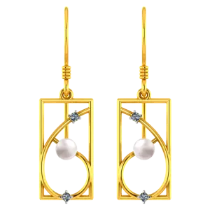 18k Rectangular Diamond Earrings With Unique Design And A Pearl