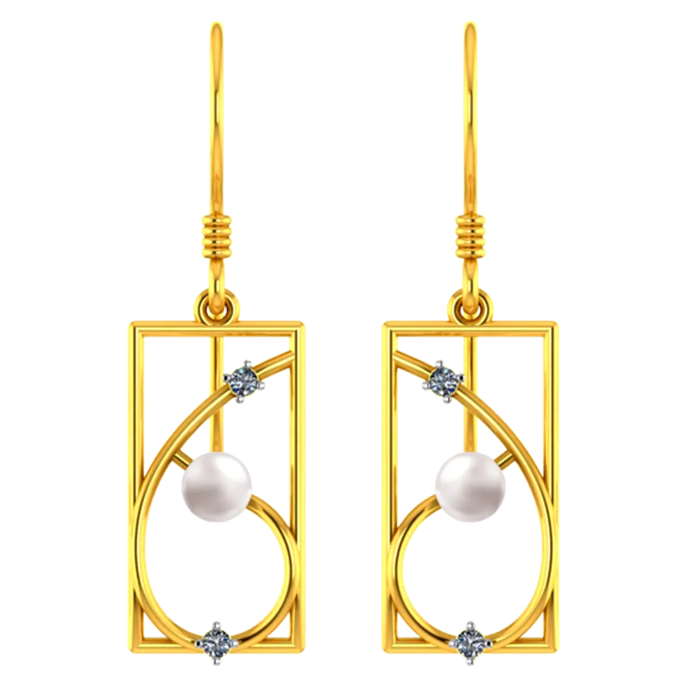 18k Rectangular Diamond Earrings With Unique Design And A Pearl