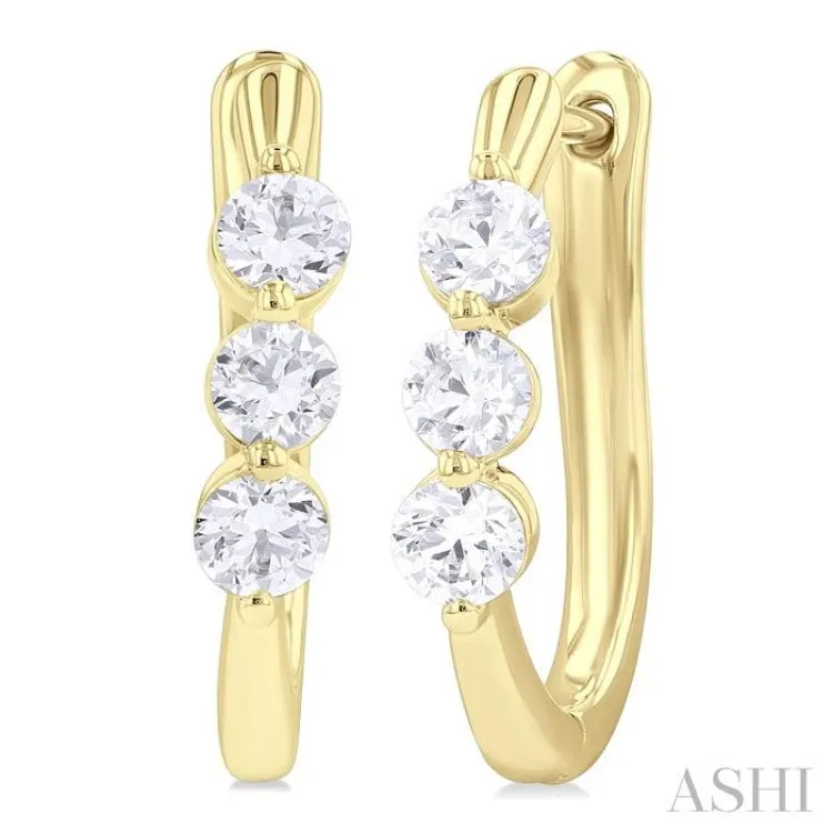 3/4 Ctw 3-Stone Round Cut Diamond Fashion Hoop Earring in 14K Yellow Gold