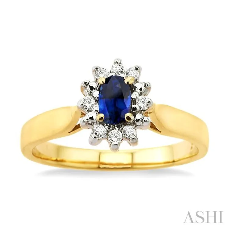 5x3mm Oval Cut Sapphire and 1/10 Ctw Round Cut Diamond Ring in 14K Yellow Gold