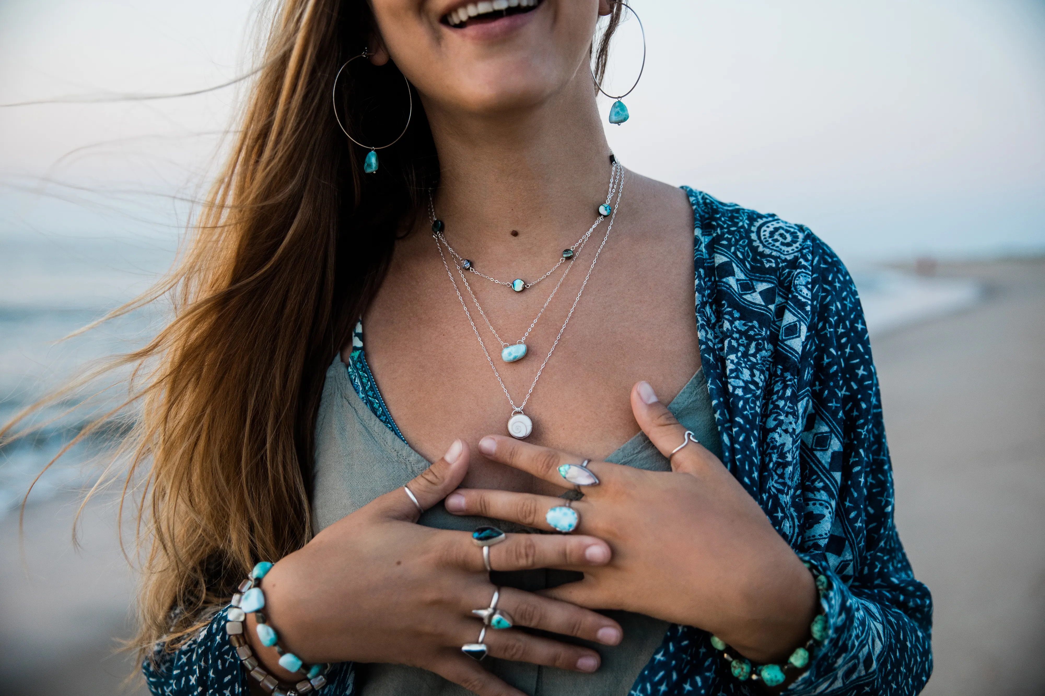 Abalone Shell Beaded Sterling Silver Layering Necklace