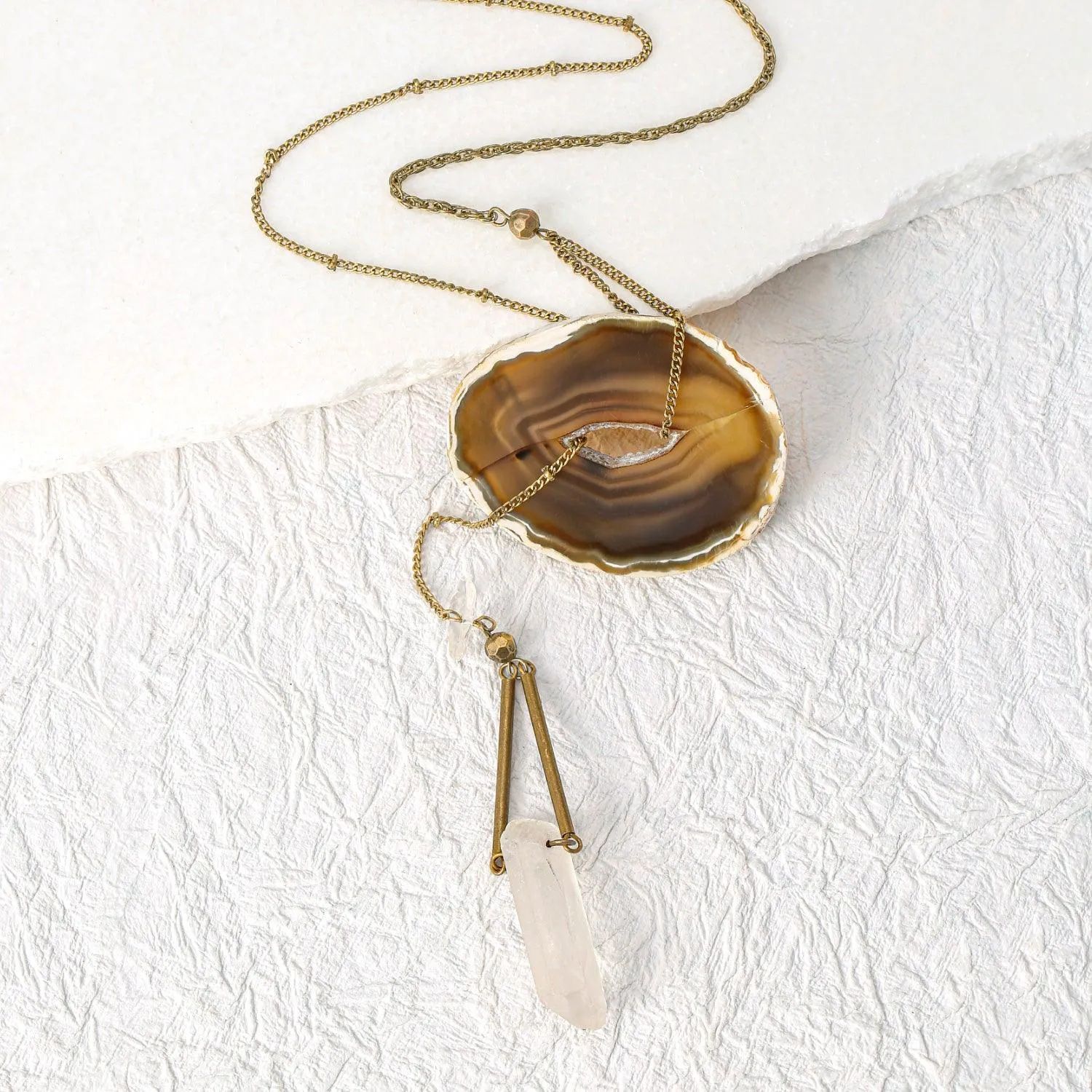 Agate Healing Crystal Quartz Lariat Y Necklace Bronze Tone Metal