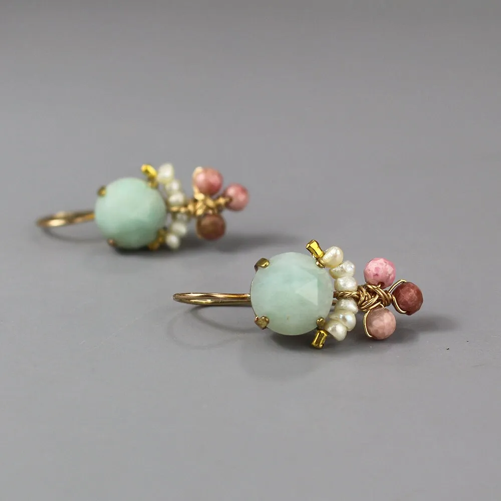 Amazonite Pearl Rhodonite Clover Earrings