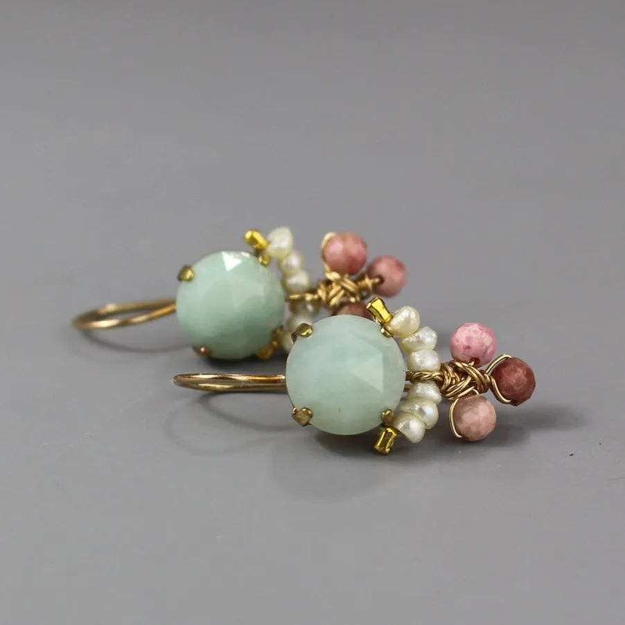 Amazonite Pearl Rhodonite Clover Earrings