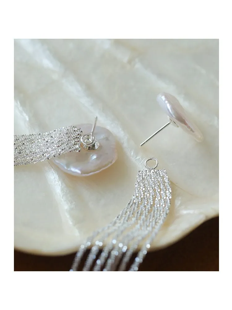 Anemone Chain Silver Tassel Petal Baroque Pearls Earrings