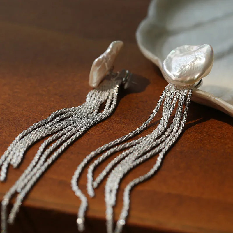 Anemone Chain Silver Tassel Petal Baroque Pearls Earrings