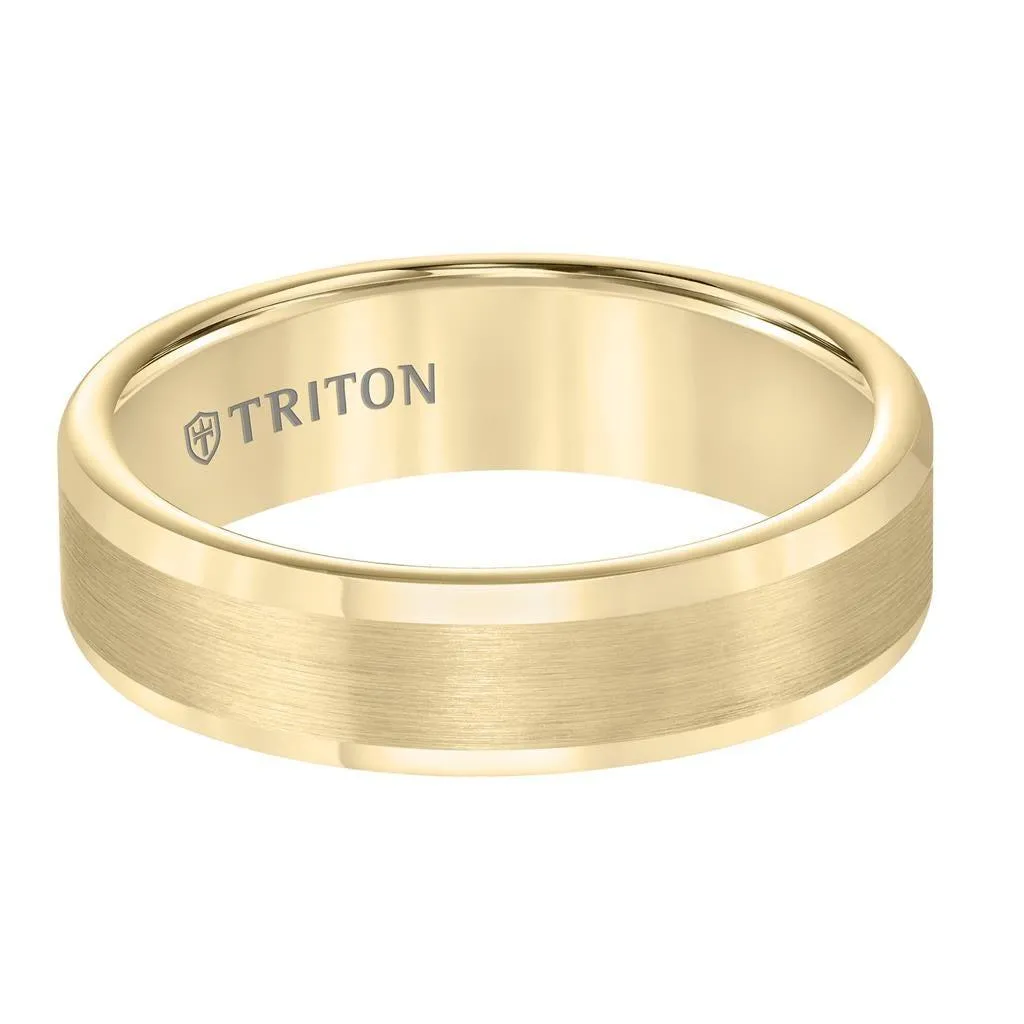 ARMEN Flat Yellow Gold Plated Tungsten Carbide Ring with Satin Finished Center and Polished Edges by Triton Rings - 6mm