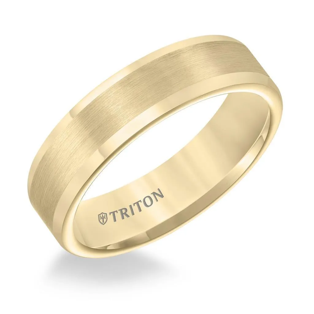 ARMEN Flat Yellow Gold Plated Tungsten Carbide Ring with Satin Finished Center and Polished Edges by Triton Rings - 6mm