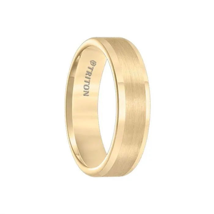 ARMEN Flat Yellow Gold Plated Tungsten Carbide Ring with Satin Finished Center and Polished Edges by Triton Rings - 6mm