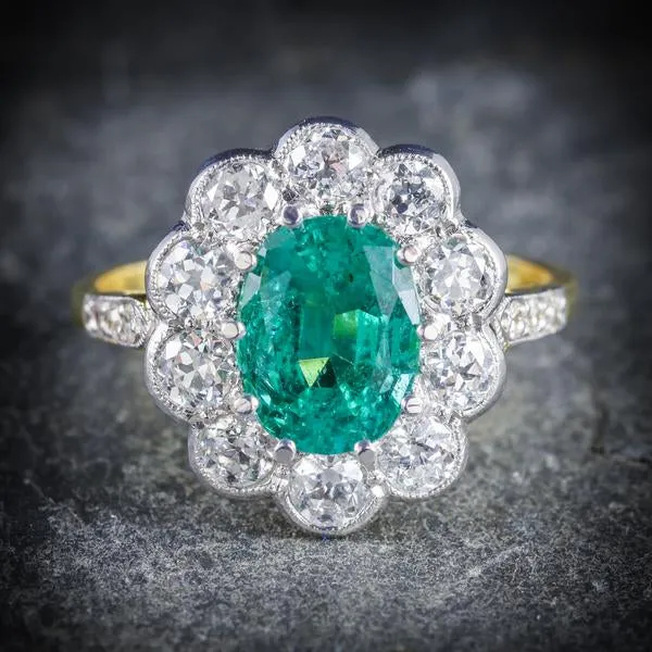 Art Deco Style Emerald Diamond Engagement Ring 3.20Ct Emerald