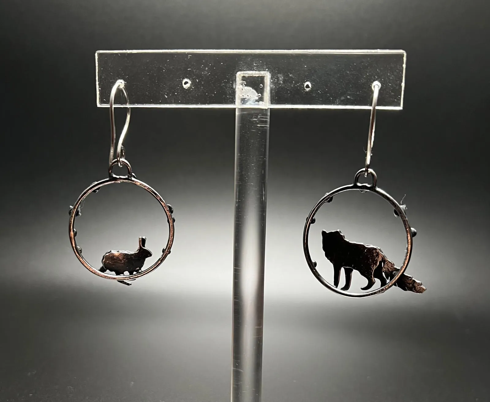 Artisan Fox and Hare Oxidized Sterling Silver and White Sapphire Earrings