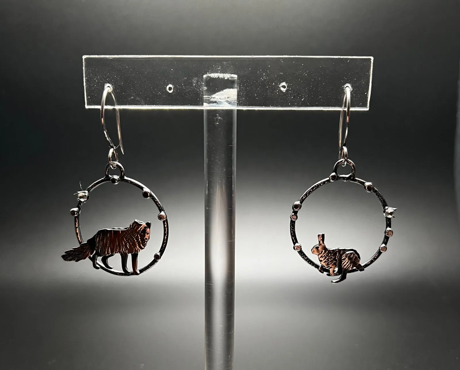 Artisan Fox and Hare Oxidized Sterling Silver and White Sapphire Earrings