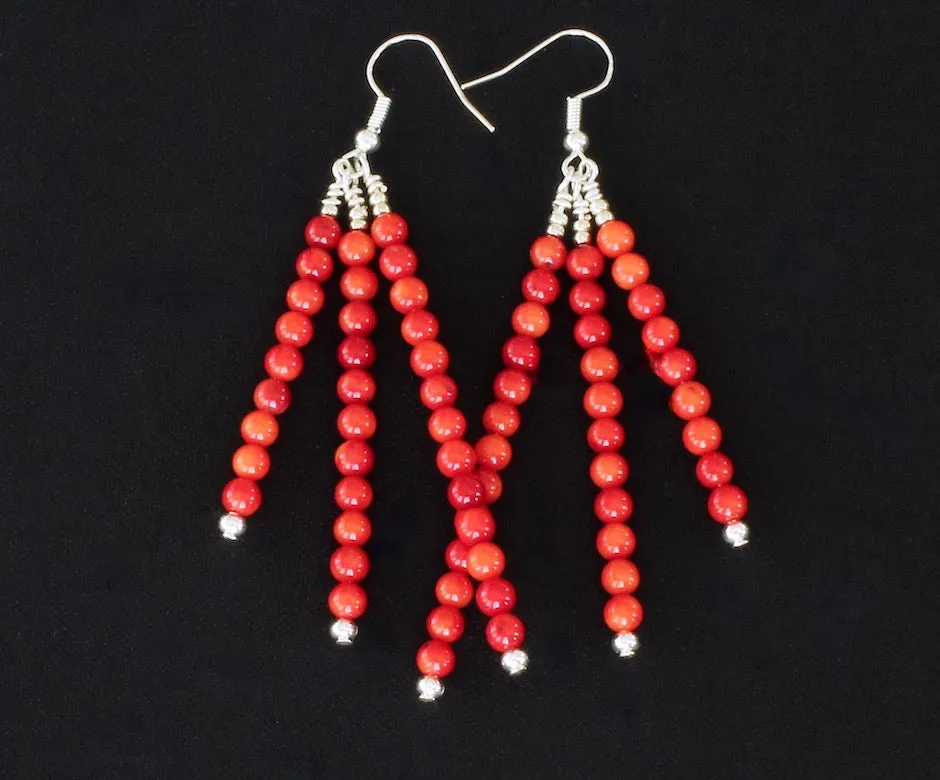 Bamboo Coral Rounds Graduated 3-Strand Earrings with Sterling Silver Earring Wires