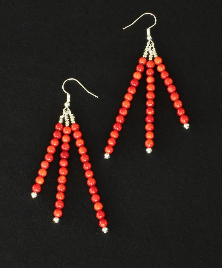 Bamboo Coral Rounds Graduated 3-Strand Earrings with Sterling Silver Earring Wires