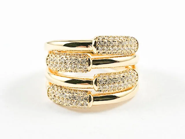 Beautiful Half Shiny Metallic Half Micro CZ Bar Design Pattern Thick Gold Tone Silver Ring