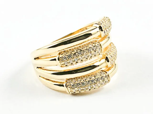 Beautiful Half Shiny Metallic Half Micro CZ Bar Design Pattern Thick Gold Tone Silver Ring