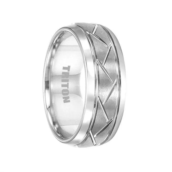 BENTON White Tungsten Wedding Band with Alternating Diagonal Cuts by Triton Rings - 8mm