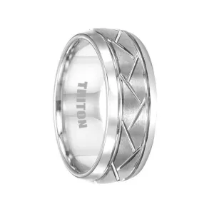 BENTON White Tungsten Wedding Band with Alternating Diagonal Cuts by Triton Rings - 8mm