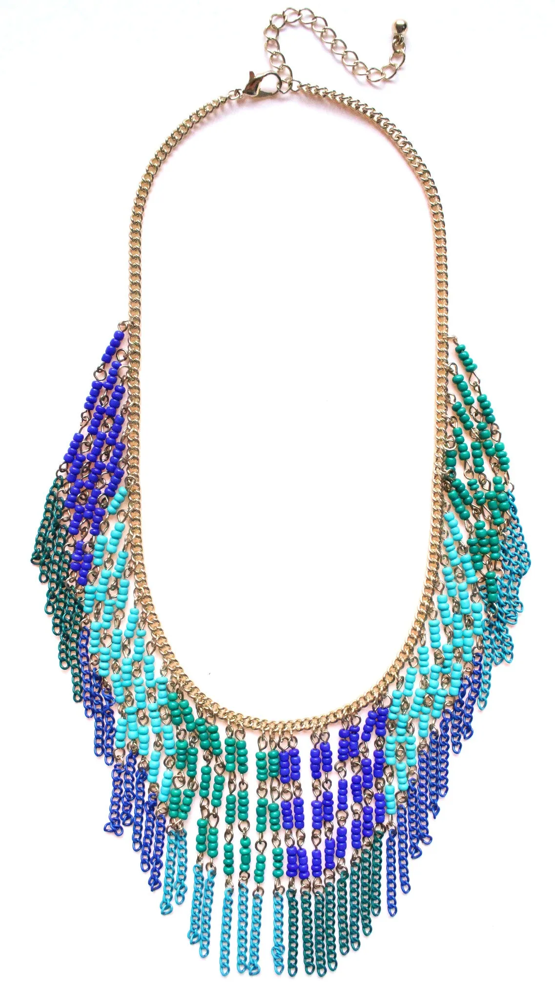 Boho Beaded Fringe Statement Necklace- Blue