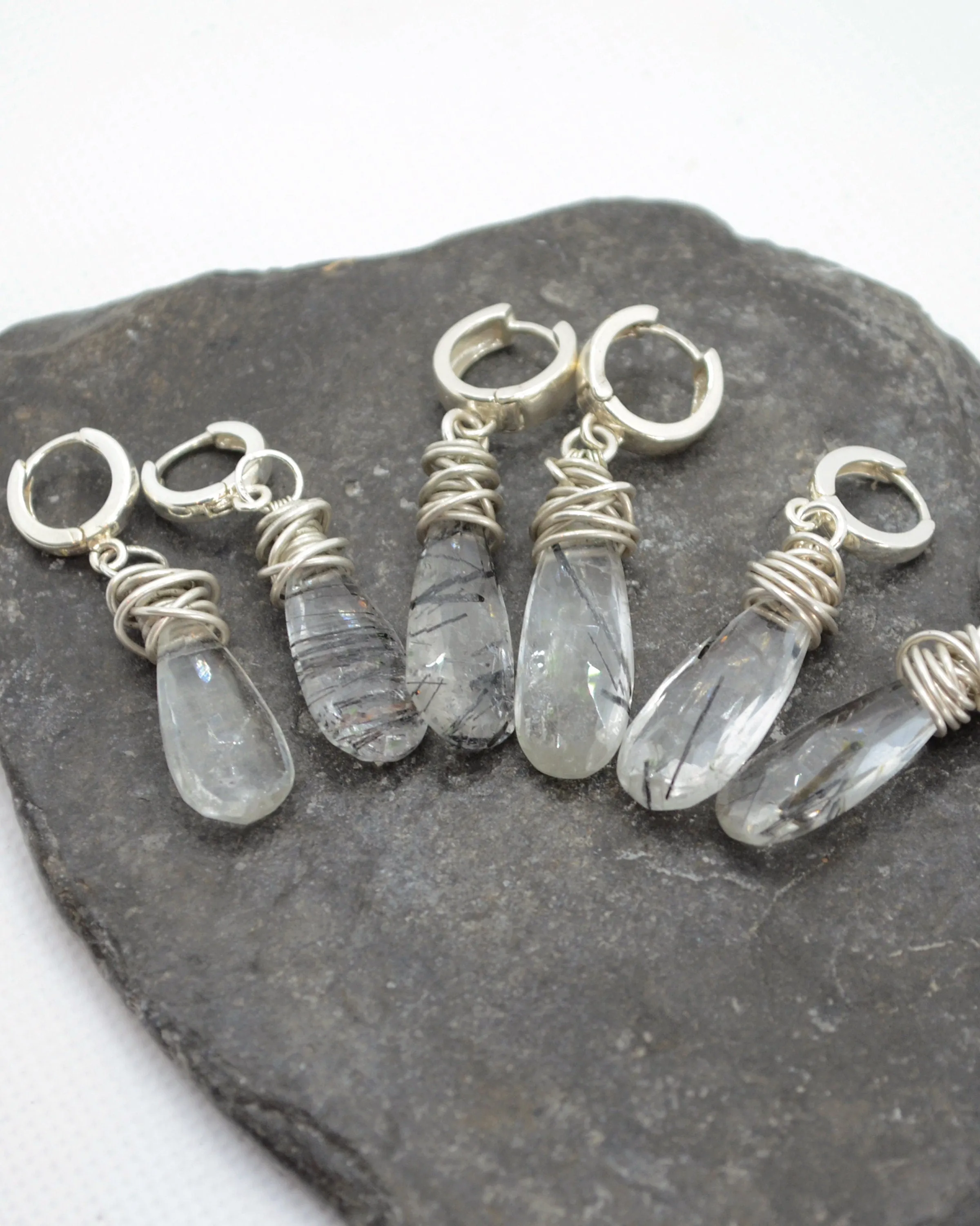 Boho silver wire and  quartz dangling earrings