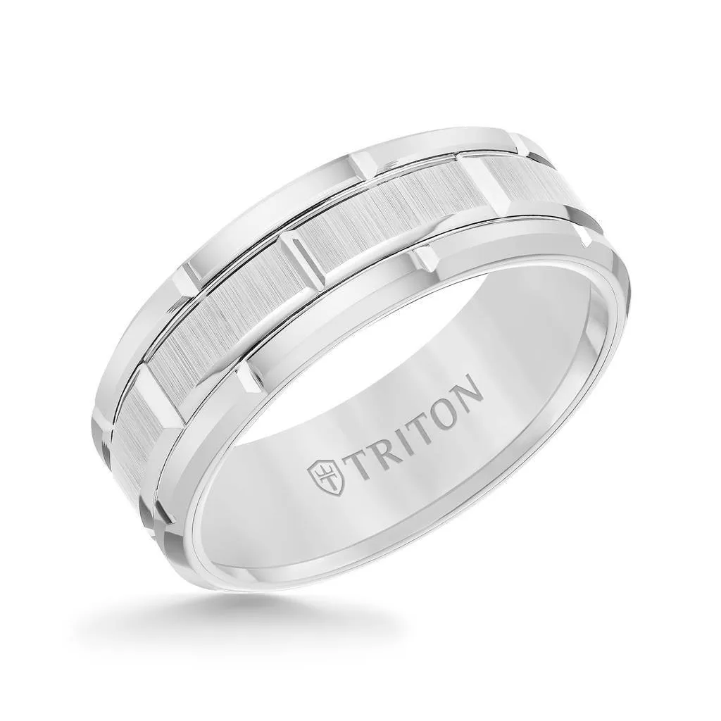 BOWEN White Tungsten Wedding Band with Etched Finished Center and Bright Cuts by Triton Rings - 8mm