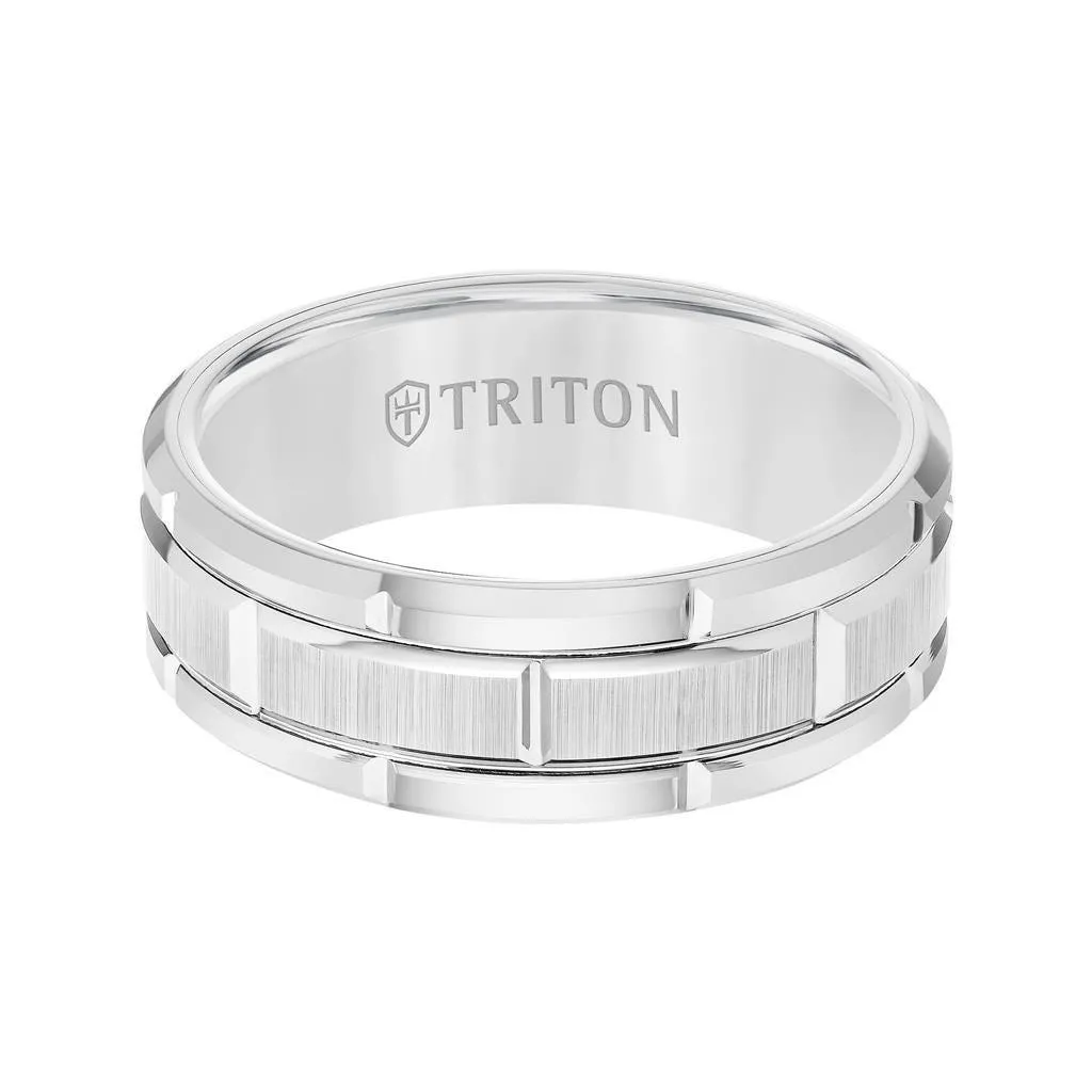 BOWEN White Tungsten Wedding Band with Etched Finished Center and Bright Cuts by Triton Rings - 8mm