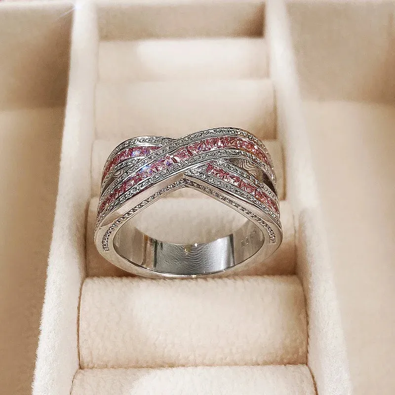 CAOSHI Young Temperament Lady Rings with Bright Pink Zirconia Modern Style Exquisite Design Wedding Bands Sweet Girl Jewelry