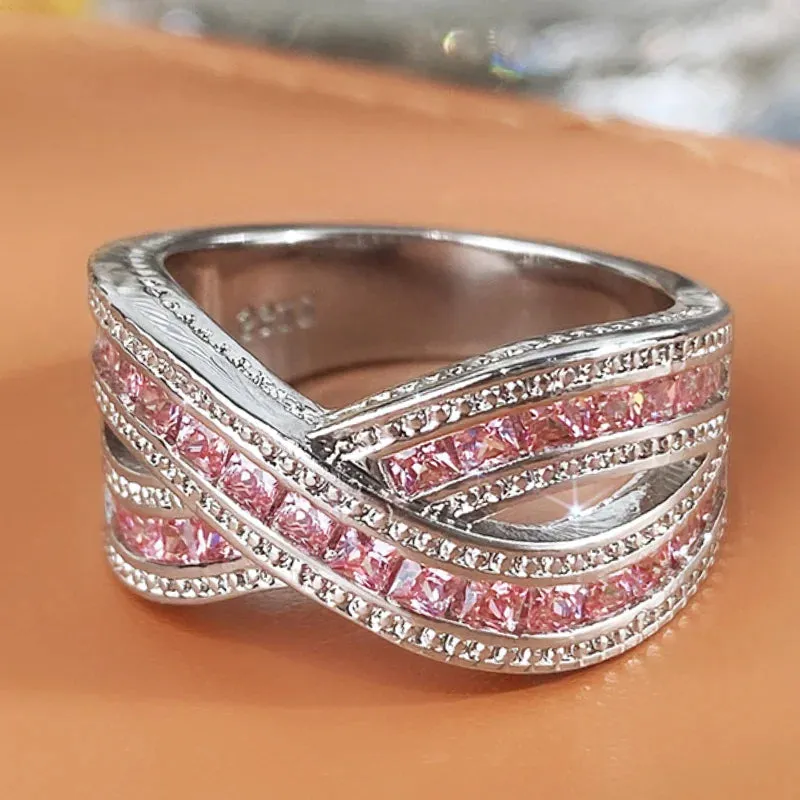 CAOSHI Young Temperament Lady Rings with Bright Pink Zirconia Modern Style Exquisite Design Wedding Bands Sweet Girl Jewelry