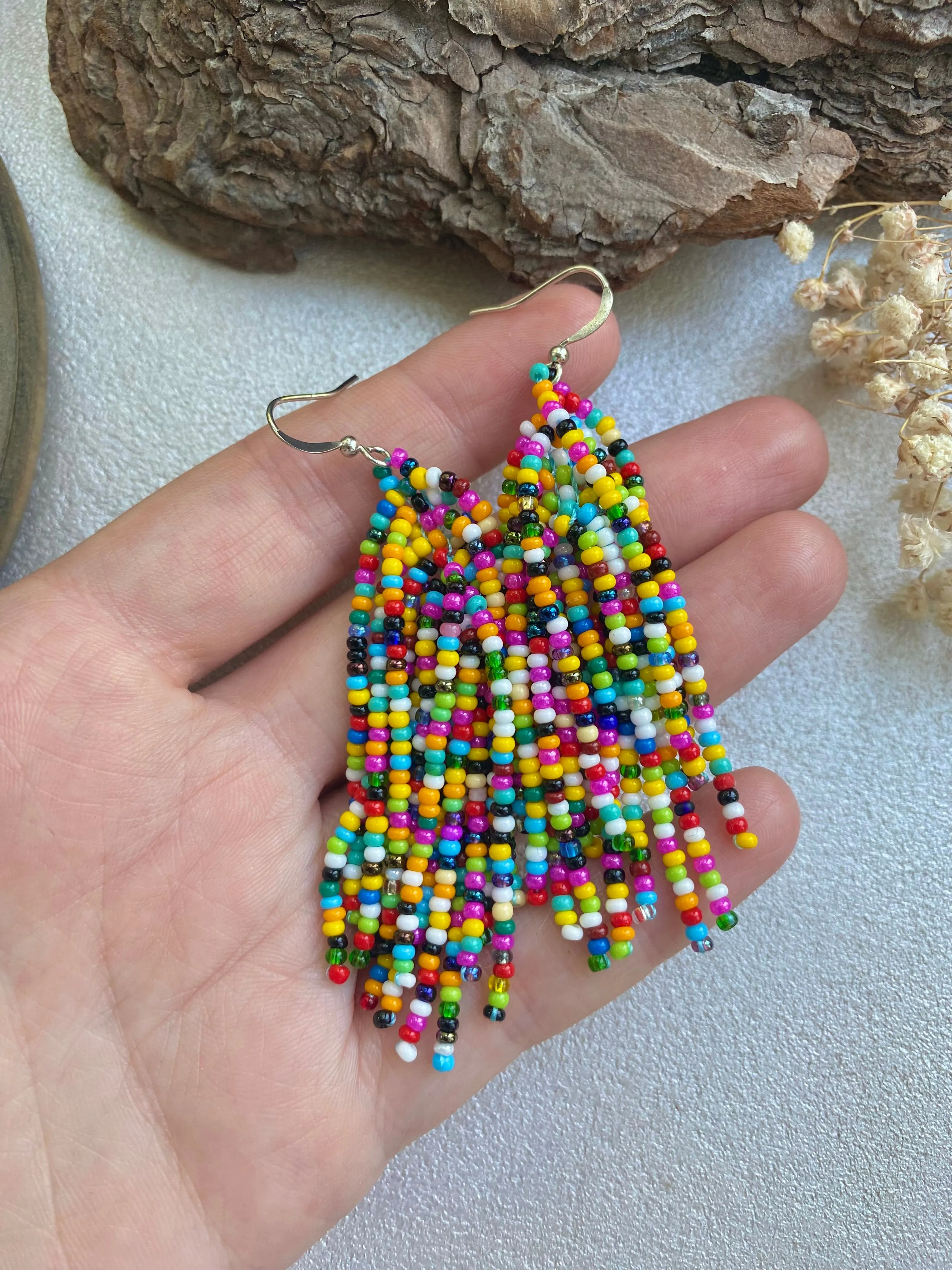 Confetti Seed Bead Tassel Earrings for Women, Long dangle Colorful Tassle earring, Multicolor Bohemian earrings, Hippie Boho Earrings Unique