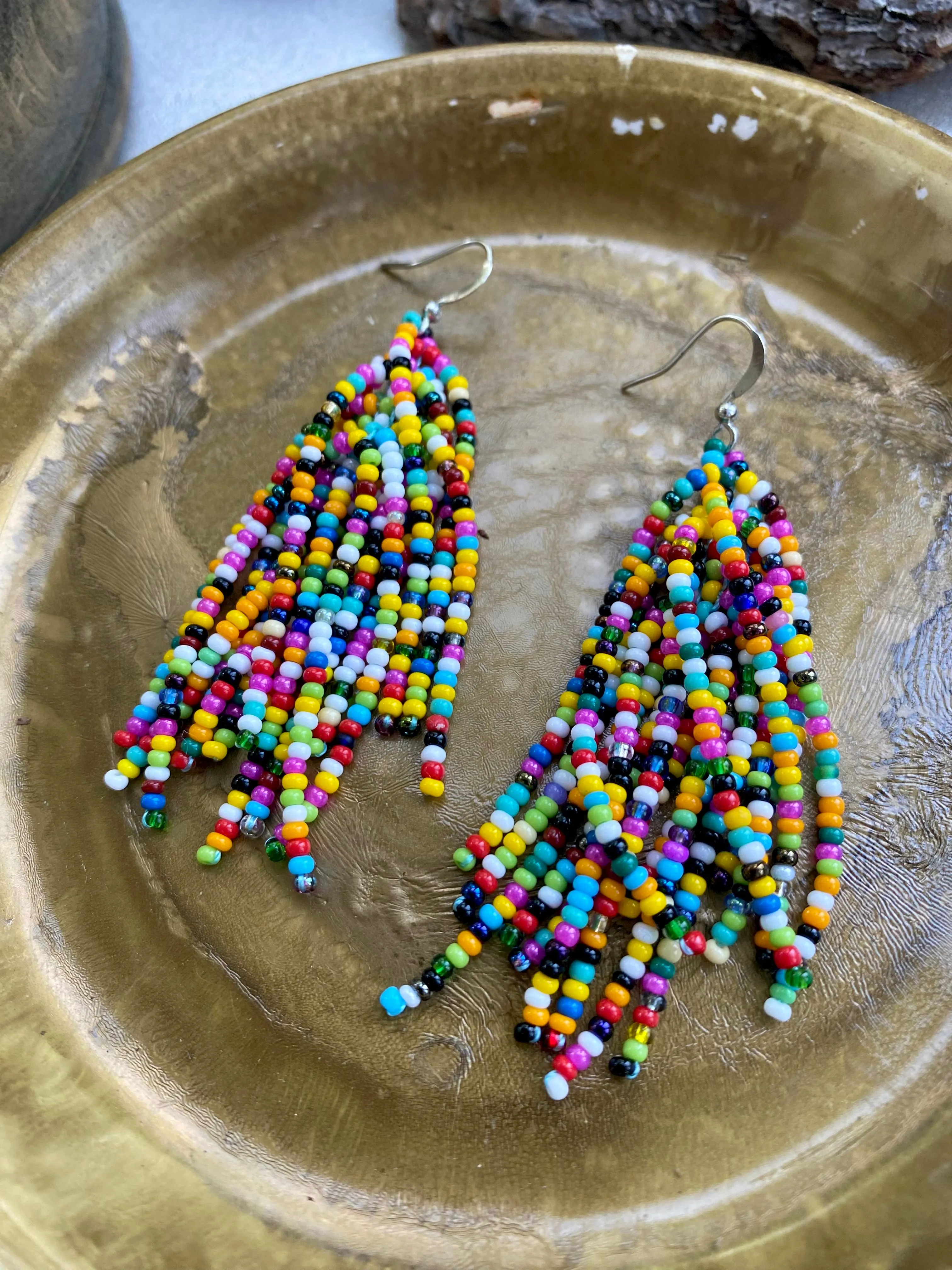 Confetti Seed Bead Tassel Earrings for Women, Long dangle Colorful Tassle earring, Multicolor Bohemian earrings, Hippie Boho Earrings Unique