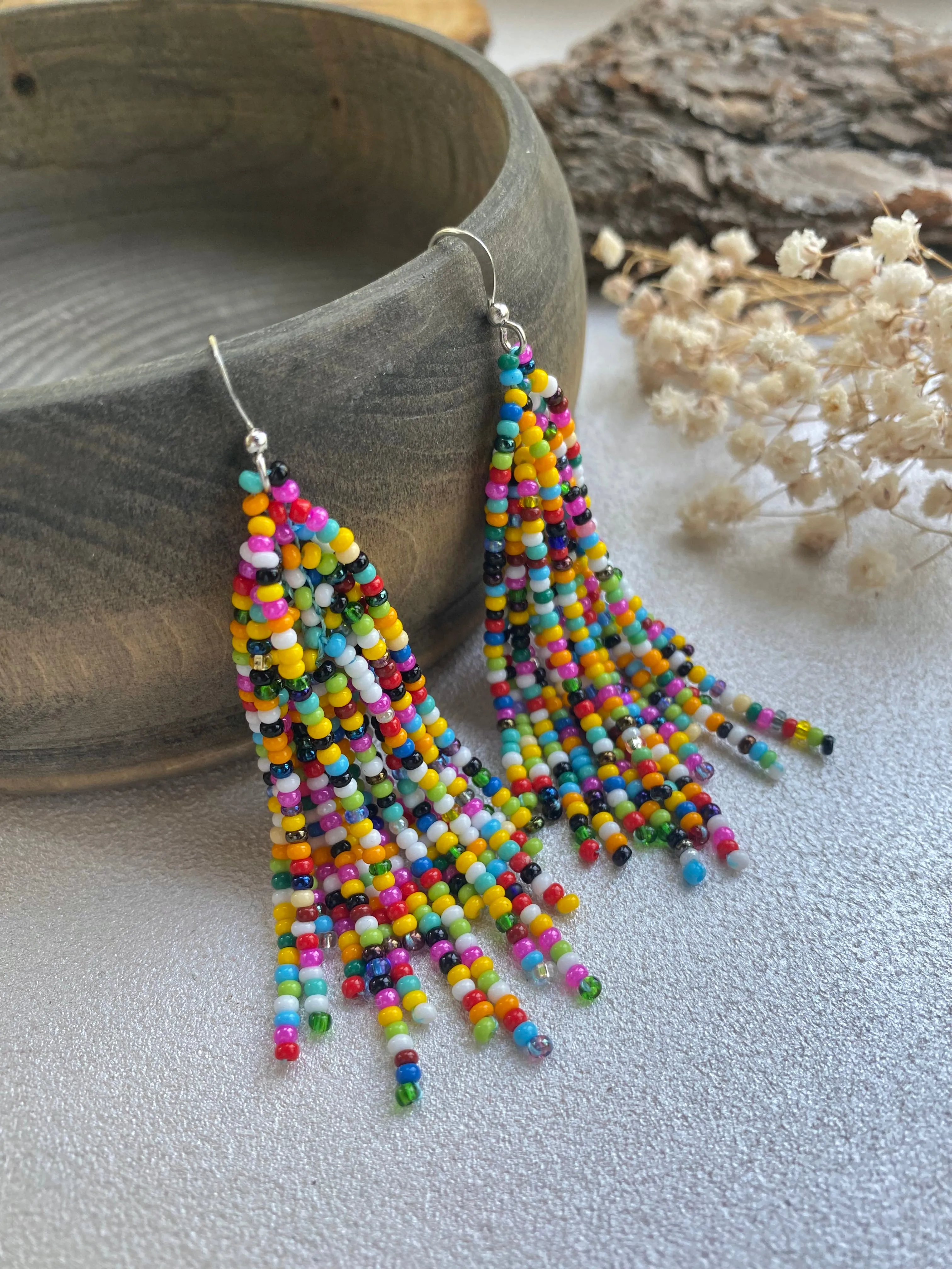 Confetti Seed Bead Tassel Earrings for Women, Long dangle Colorful Tassle earring, Multicolor Bohemian earrings, Hippie Boho Earrings Unique