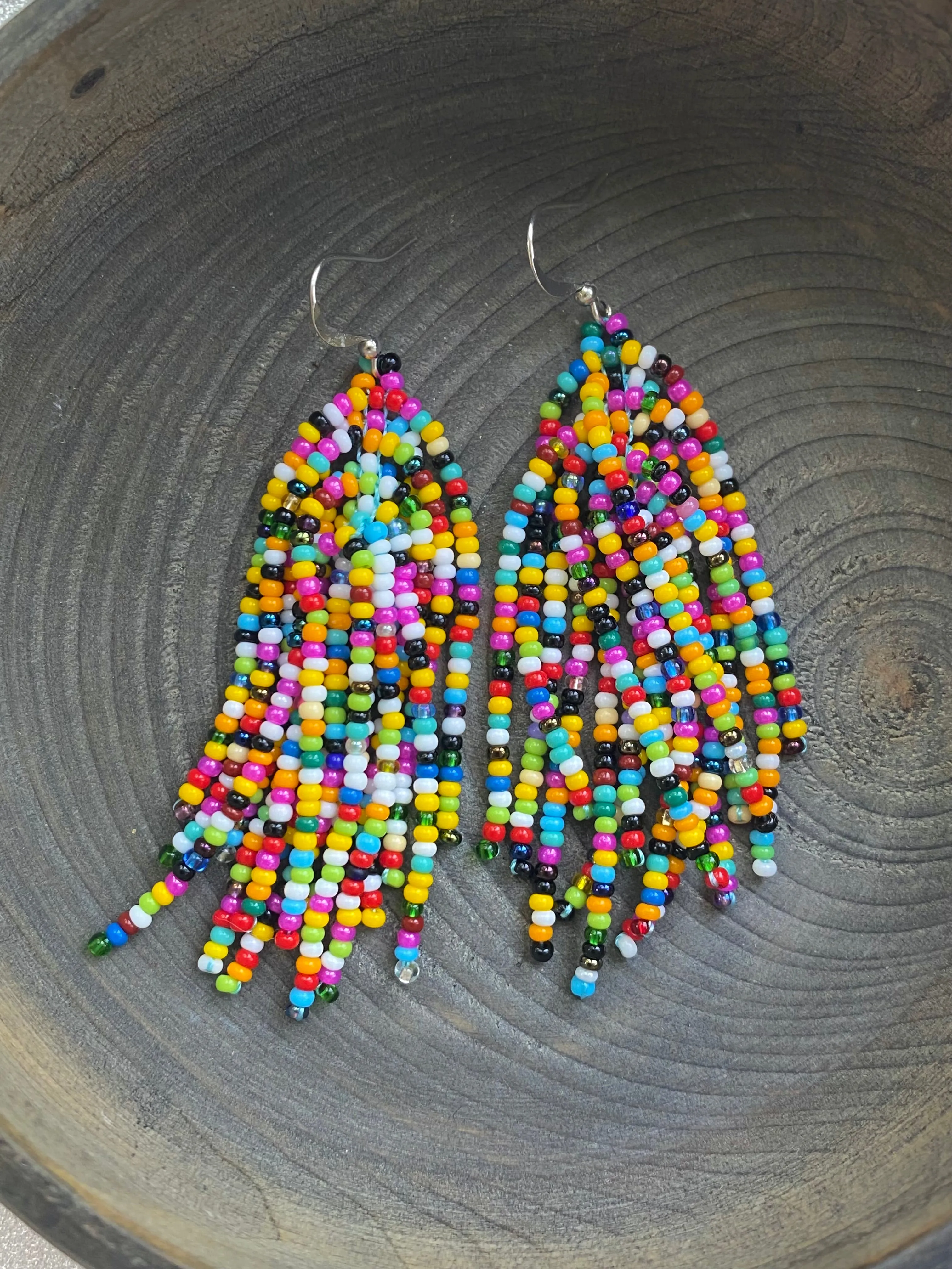 Confetti Seed Bead Tassel Earrings for Women, Long dangle Colorful Tassle earring, Multicolor Bohemian earrings, Hippie Boho Earrings Unique