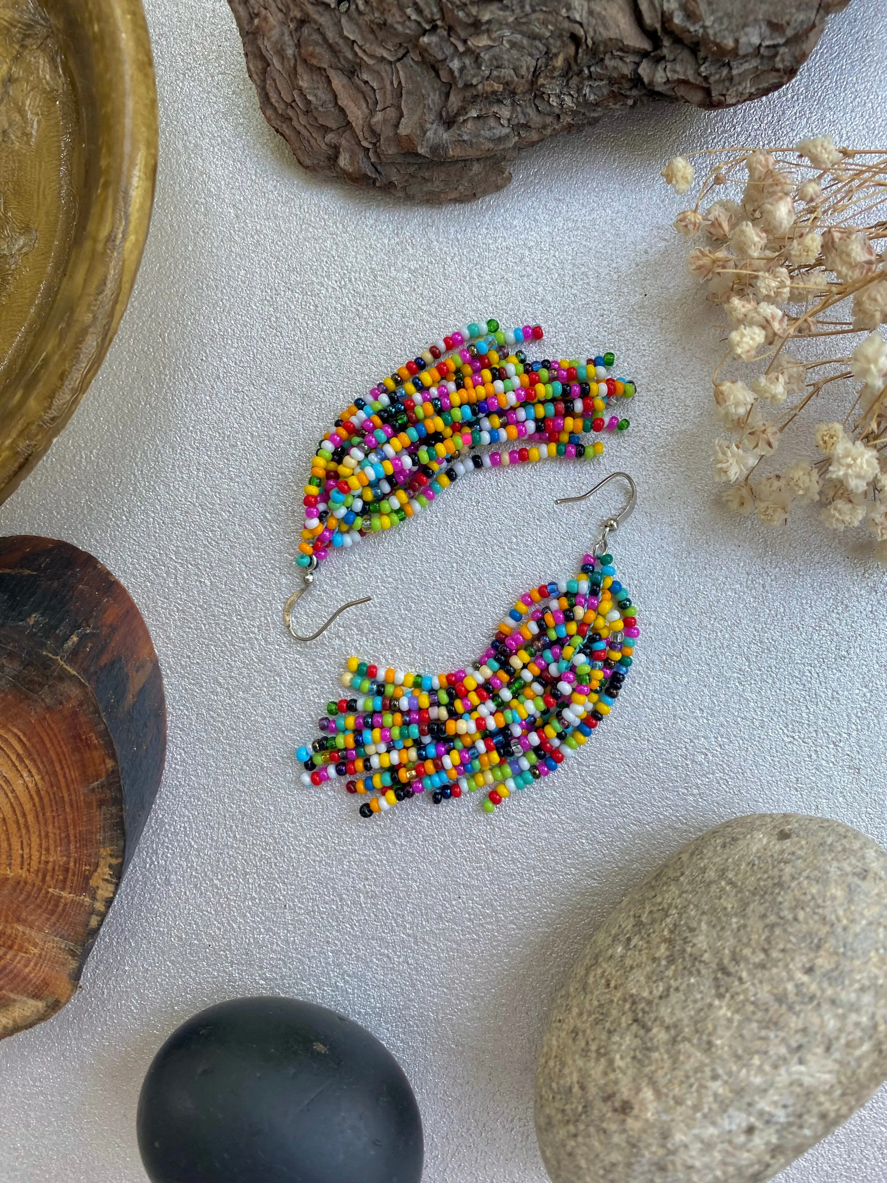 Confetti Seed Bead Tassel Earrings for Women, Long dangle Colorful Tassle earring, Multicolor Bohemian earrings, Hippie Boho Earrings Unique