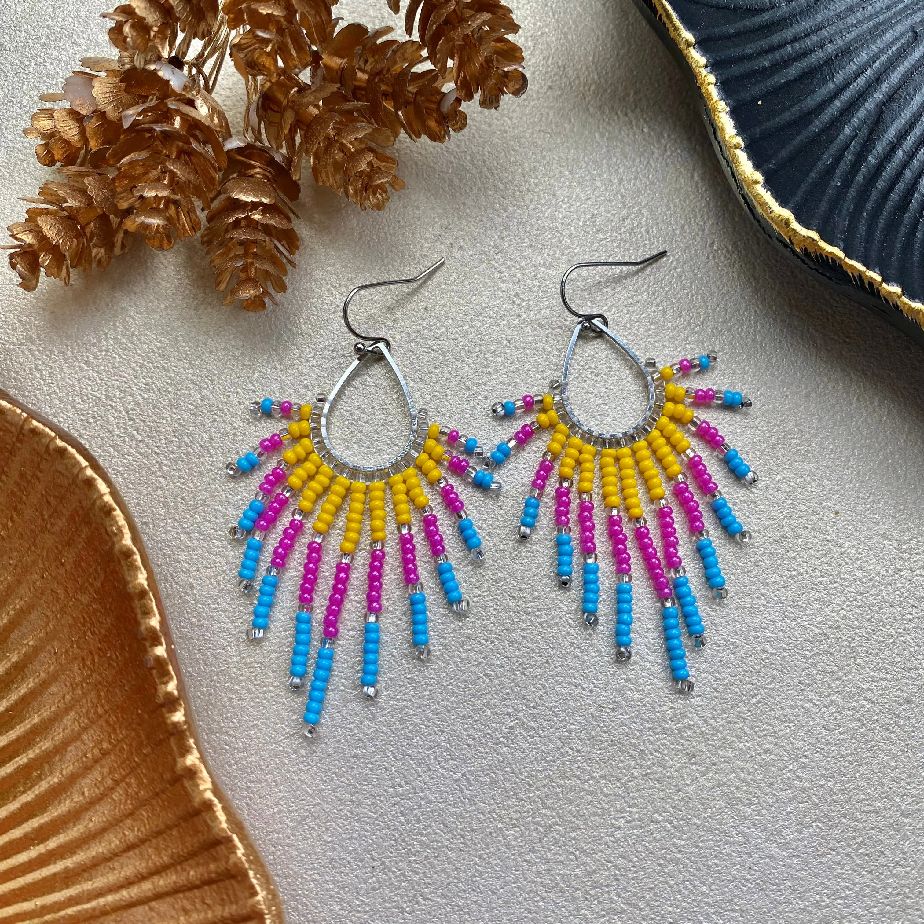 Cool Seed Bead Earrings for Women. Fringe Chandelier Earrings. Long Dangle Earrings. Handmade Unique earrings. Yellow Pink Blue beaded Earring with silver shiny beads.