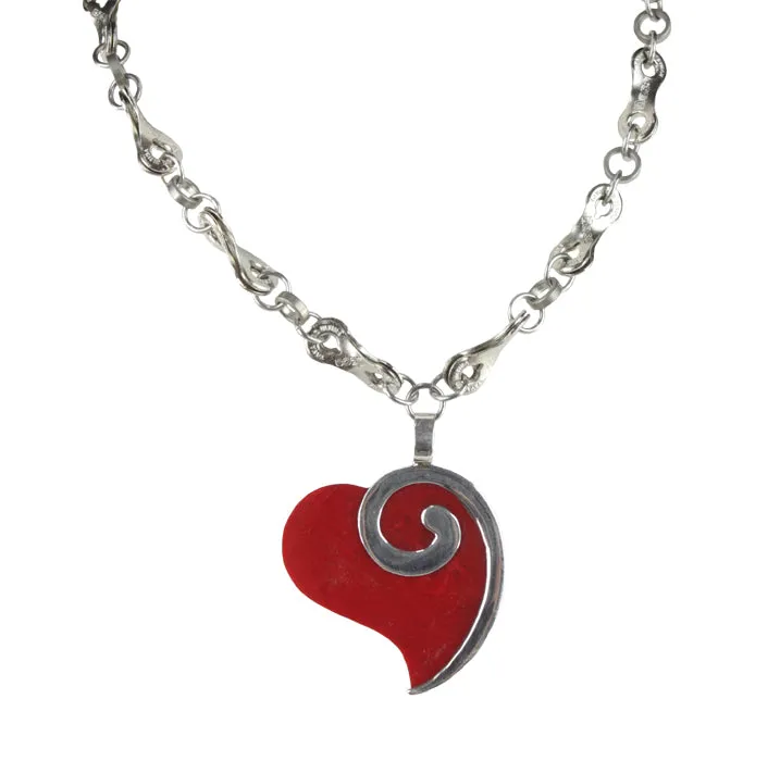 Coral Heart & Silver Swirl Necklace