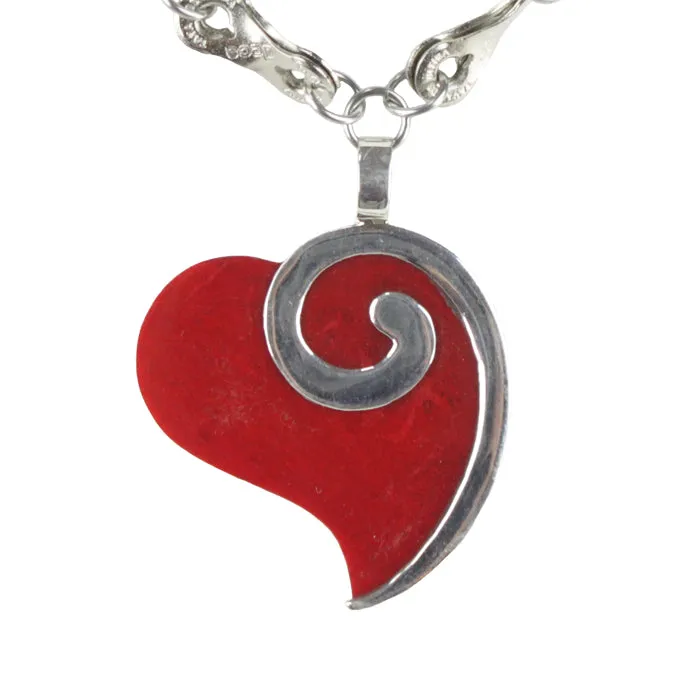 Coral Heart & Silver Swirl Necklace