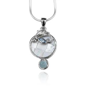 Dolphin Pendant Necklace with Blue Topaz, Mother of Pearl Mosaic and Larimar Stone