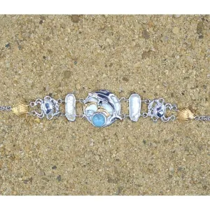 Dolphins, Crabs and Seashells Bracelet with Larimar and Pearls - Only One Piece Created